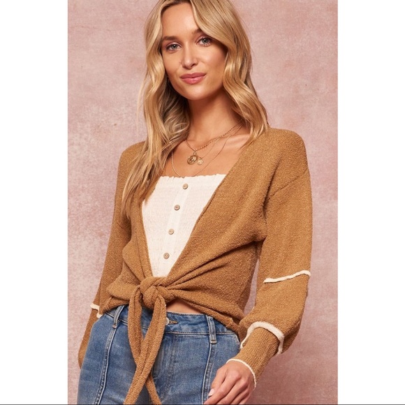 CAMEL TIE FRONT TEXTURED CARDIGAN - Picture 3 of 4